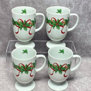 4 Vintage Footed Christmas Mugs Berries & Bows Pattern Cups by Wicks N' Sticks